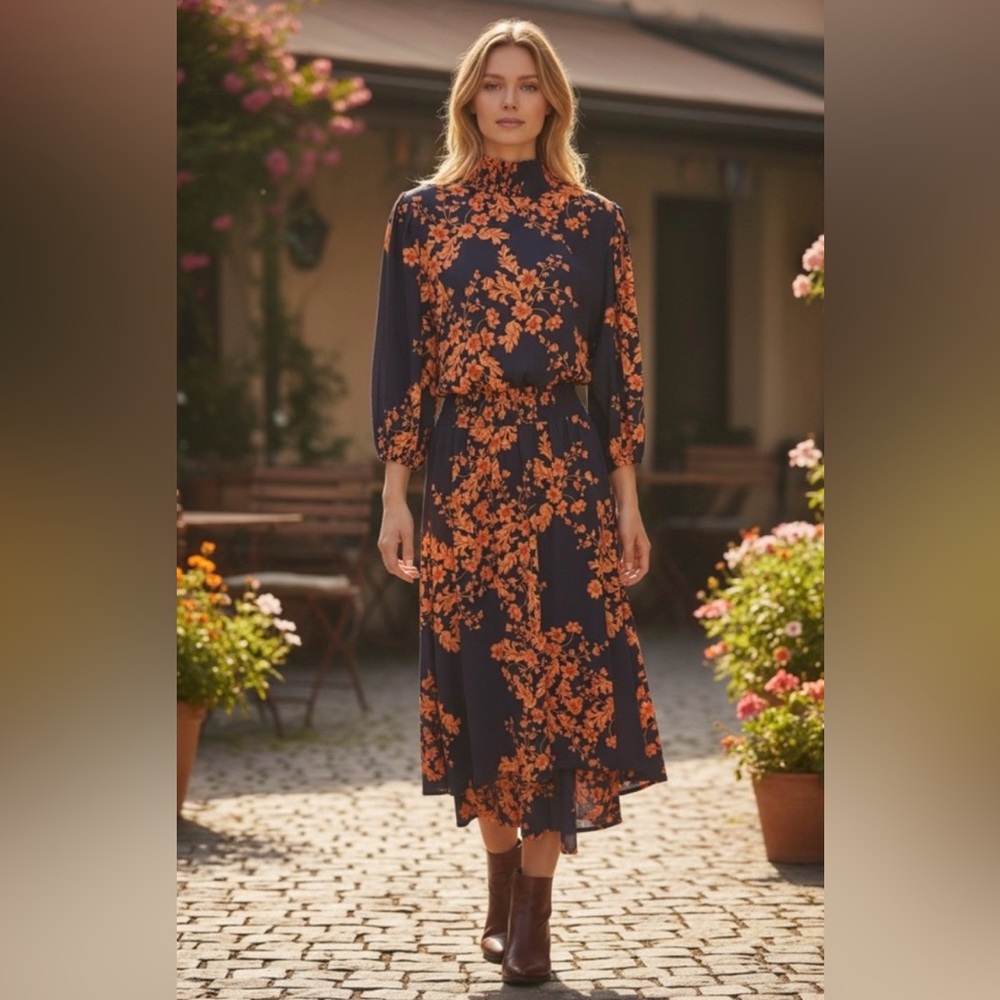 Nanette Lepore Navy & Orange Floral Midi Dress, Smocked Waist, Size 8